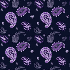vector seamless ornament. Indian or turkish cucumber pattern, paisley. dark blue background