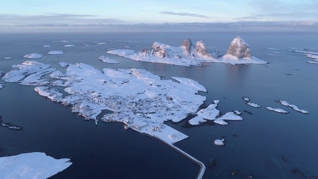 Winter sunset in Tr&aelig;na islands, Nordland, Northern Norway, aerial drone shot