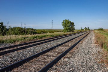 Fototapeta na wymiar Two Pairs of Empty Railroad Tracks on Canadian Prairie