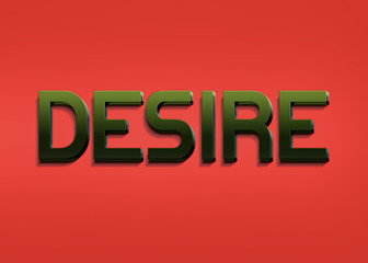 Desire in green gold metal letters on red background 3d