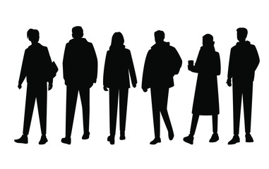 Vector silhouettes of  men and a women, a group of standing and walking  business people  with backpack, black color isolated on white background