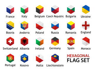 Flag icon Vector Set hexagonal shape with captions. European Flags in Creative design isolated on white background.