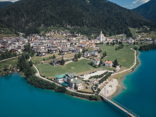 Fototapeta na wymiar Drone view of lago di santa caterina (Auronzosee) in Auronzo di Cadore, South Tyrol, Italy