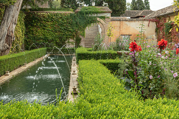 View of garden in Granada.   Peaceful garden with fountain - Granada, Spain