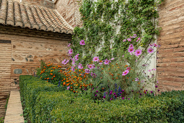 Fototapeta na wymiar View of garden in Granada. Peaceful garden with fountain - Granada, Spain