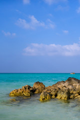 Tropical papradise beach with blue sky in sunshine day. Tropical summer beach holiday vacation lifestyle traveling, resort hotel business concept