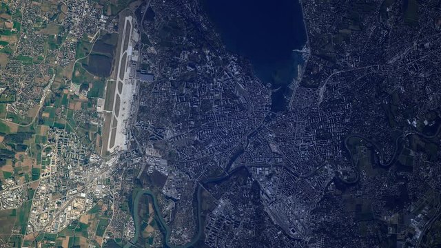 Geneva Switzerland city map aerial view from satellite sunrise animation. Contains element furnished by Nasa