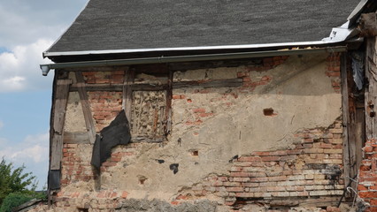 18th century traditional Upper Lusatian half-timbered house in need of repair - internal building structure exposed