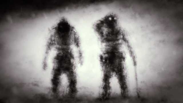 Two travelers stopped in the midst of a snowstorm in the mountains. Illustration in the fantasy genre with the effect of coal and noise. Black and white background.