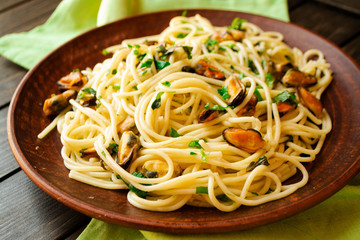 Spaghetti alle Vongole with mussels, traditional Mediterranean cuisine