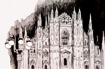 Obraz premium Milan cathedral Duomo church at night liner architectural sketch