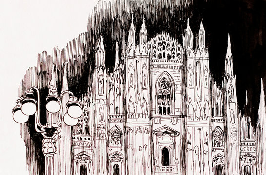Milan cathedral Duomo church at night liner architectural sketch