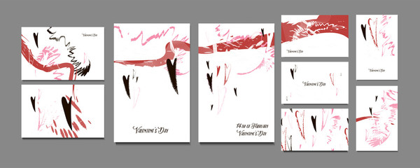 Set of Valentine's day cards with hand written greeting pastel delicate shades with watercolor strokes with lines