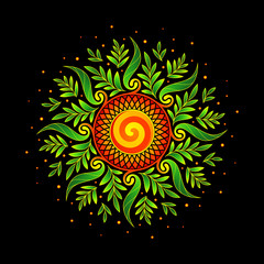 Illustration of festive abstract mandala; Decorative mesmerizing sun; Colorful magic flower and plants; Sacred geometry and visionary art; Vector template.