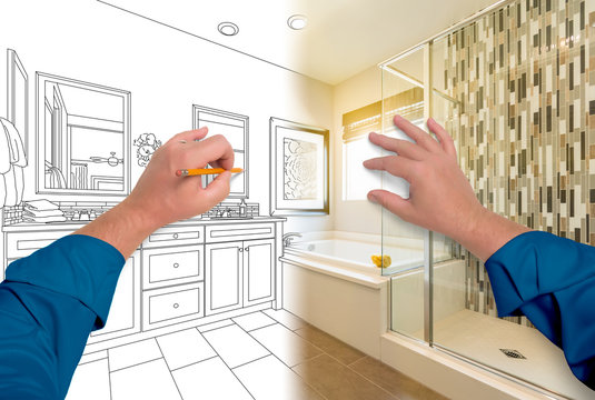 Male Hands Sketching Beautiful Custom Bathroom Gradating to Finished Construction