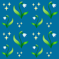 Snowdrops - seamless pattern. Snowdrop flower with leaves and bright yellow stars on a classic blue background - spring vector seamless pattern - primroses.