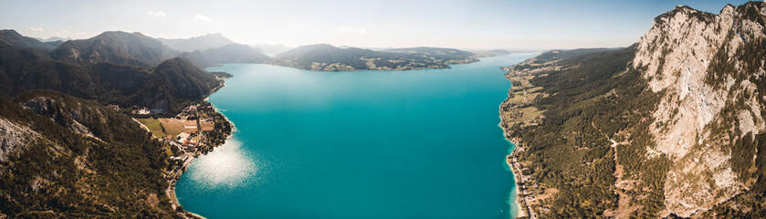 Horizontal panorama of the Attersee (Lake Atter) in Upper Austria, Austria