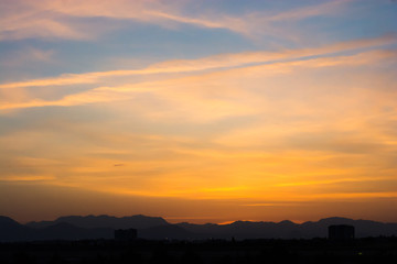 Amazing background scene of city in darkness and silhouette of a bird over orange sky on sunset.