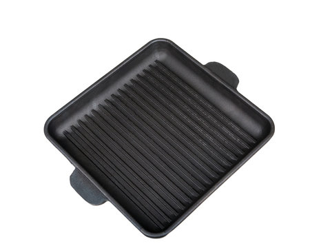 Black frying pan square shape. On white background.