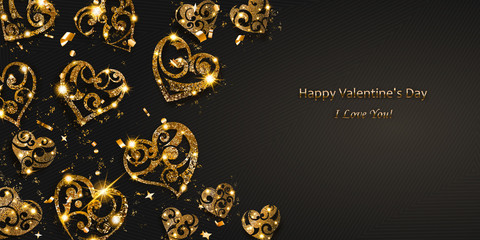 Valentine's day card with shiny hearts of golden sparkles with glares and shadows on dark background