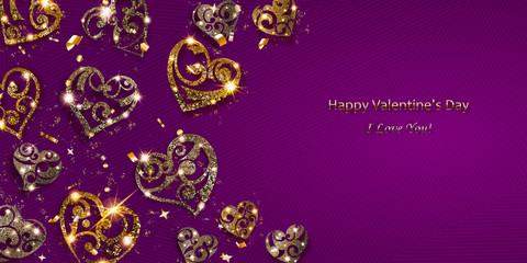 Valentine's day card with shiny hearts of silver and golden sparkles with glares and shadows on purple background