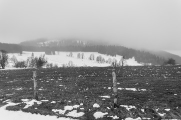 Foggy winter day in the mountains, field fence.