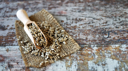 Raw peeled sunflower seeds. Selective focus. Macro.