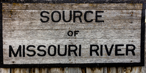 MAY 23, 2019, GREAT FALLS, MONTANA USA -Sign reading "Source of the Missouri River", Three Forks, Montana