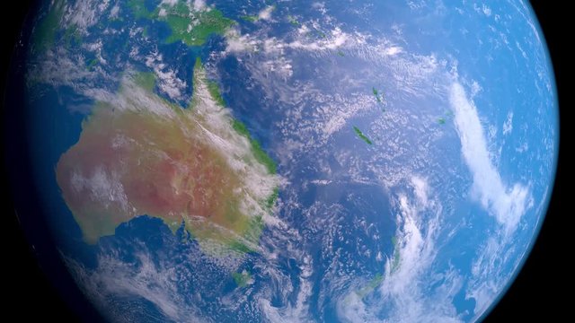 Earth from space. Camera on top of the earth, the center of the Australia, alpha channel, with a black background, 4K,Realistic atmosphere. 3D volume cloud. The camera moves forward 36 mm.