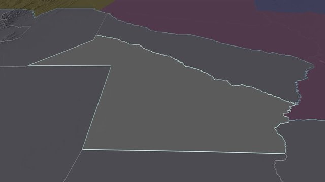 Chaco, province with its capital, zoomed and extruded on the administrative map of Argentina in the conformal Stereographic projection. Animation 3D