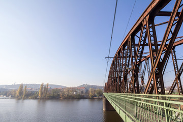 Vysehrad Railway bridge, also called vysehradsky zeleznicni most, in Prague, Czech Republic. It is a metal steel bridge for train transporation in Vyton district on Vltava river, a industrial landmark
