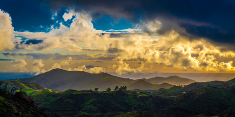 MARCH 7, 2019, MALIBU, LA, CA, USA - Mountainous landscape of Malibu with greenfields and sunset...