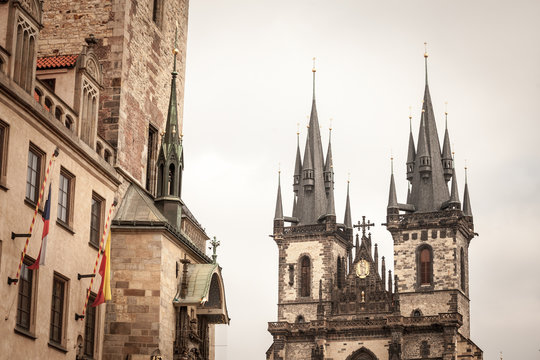 Towers of the church of our lady before tyn, also called chram matky bozi pred tynem or tynsky chram, in the old town of Prague, Czech Republic. it is a landmark of Old town Straromestska square