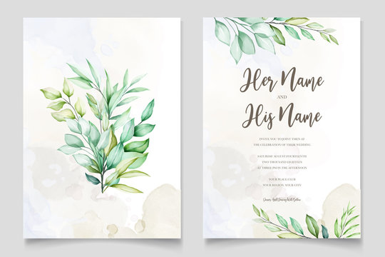 watercolor wedding invitation card in green leaves
