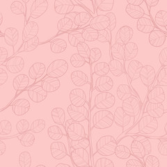 Eucalyptus branch hand drawn vector seamless pattern in line art style on pink background. Background with eucalyptus branch and leaves. Best for wrapping paper, wallpaper, textile or wedding design.
