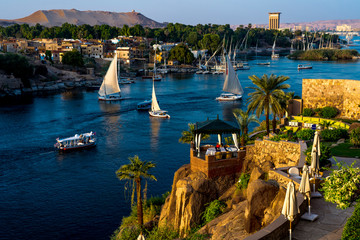 Sailing on the Nile at Catarct, Aswan, Egypt - obrazy, fototapety, plakaty