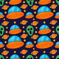 alien with spaceship seamless pattern vector illustration background