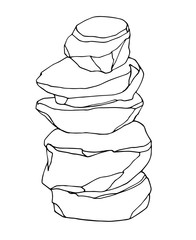 stone column of boulders, landscape design for aquarium or Park, natural weathering, vector illustration with black contour lines isolated on white background in hand drawn and Doodle style