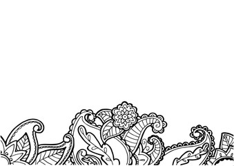 Hand drawn horizontal background. Floral, abstract, circles, paisley isolated on a white background. Copy space. Black outline illustration. Vector image for wedding invitations, flyers, social media,