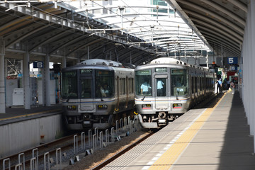 駅に並ぶ快速マリンライナー