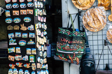 Various decorative objects sold in a souvenirs shop at the bazaar of the Old city of Jerusalem 