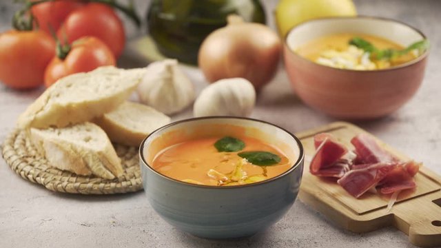 Person eating salmorejo with ham and bread, Eating Time Lapse