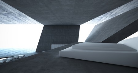 Abstract architectural concrete interior of a minimalist house with swimming pool. 3D illustration and rendering.