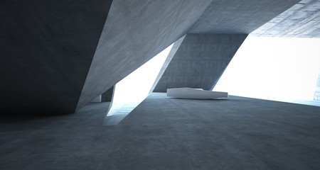 Abstract architectural concrete interior of a minimalist house with swimming pool. 3D illustration and rendering.