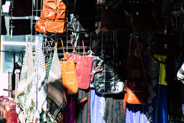 Various decorative objects sold in a souvenirs shop at the bazaar of the Old city of Jerusalem 