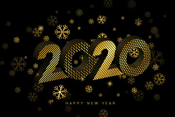 Vector Happy New Year 2020 for greeting card with snowflakes and gold number design isolated on black background.