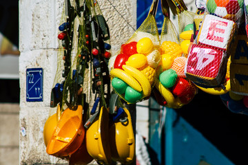 Various decorative objects sold in a souvenirs shop at the bazaar of the Old city of Jerusalem 