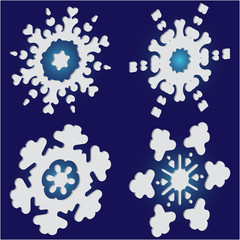 Set of christmas 3d snowflakes on blue background.