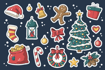 Christmas sticker set. Vector collection for stickers, patches, badges, pins. Hand drawn style doodle.