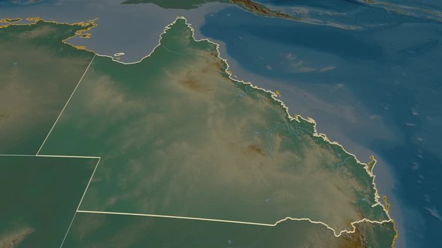 Queensland, state with its capital, zoomed and extruded on the relief map of Australia in the conformal Stereographic projection. Animation 3D